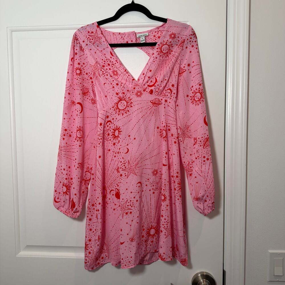 Neon Rose Pink Celestial Print Long Sleeve Mini Dress Size XS